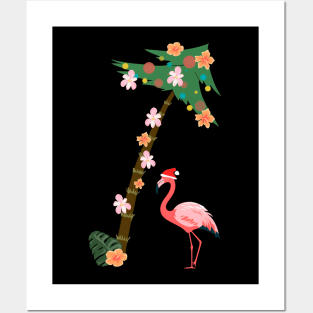 Funny Flamingo Palm Tree Floral Vintage Hawaii Christmas Posters and Art